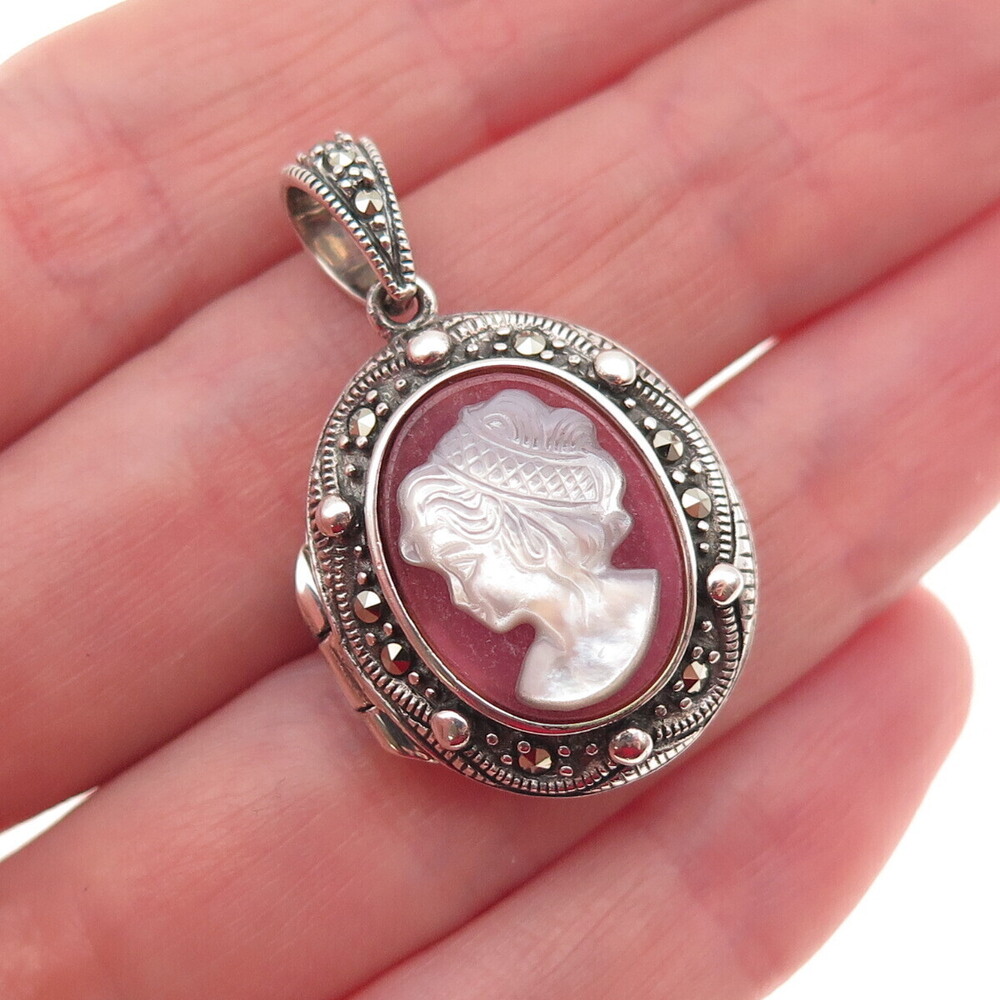 925 Sterling Silver Vintage Real MOP & Marcasite Lady Cameo Locket Charm Pendant